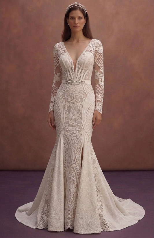 Ivory Lace Mermaid Wedding Dress with Sculpted Silhouette