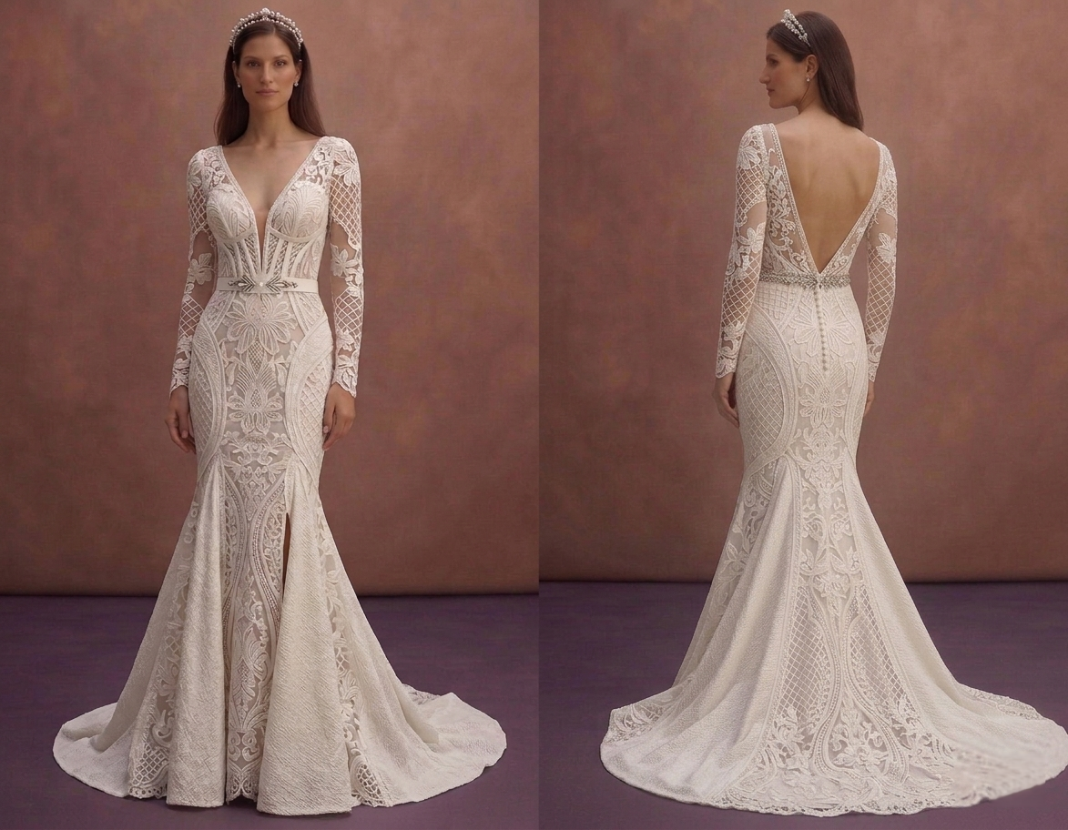 Ivory Lace Mermaid Wedding Dress with Sculpted Silhouette