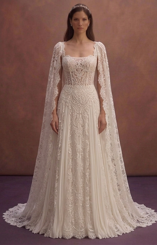 Ivory Lace Wedding Dress with Detachable Cape Sleeves