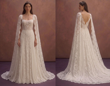 Ivory Lace Wedding Dress with Detachable Cape Sleeves