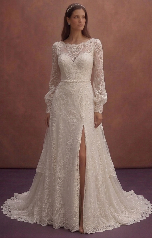 Ivory Lace Wedding Dress with Vintage Inspired Sleeves
