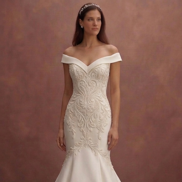 Ivory Mermaid Wedding Dress with Off-Shoulder Neckline