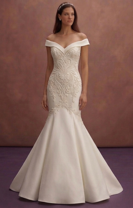 Ivory Mermaid Wedding Dress with Off-Shoulder Neckline