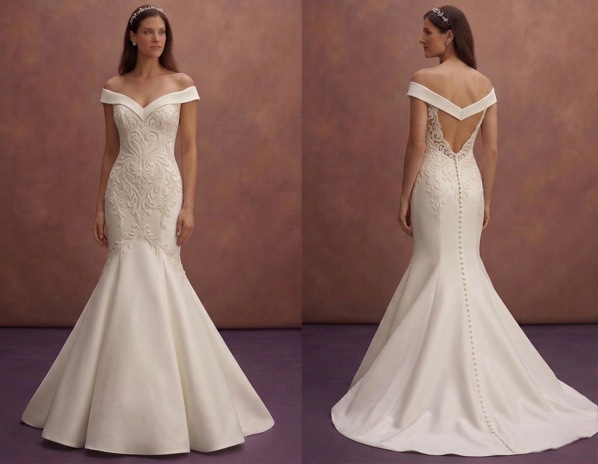 Ivory Mermaid Wedding Dress with Off-Shoulder Neckline