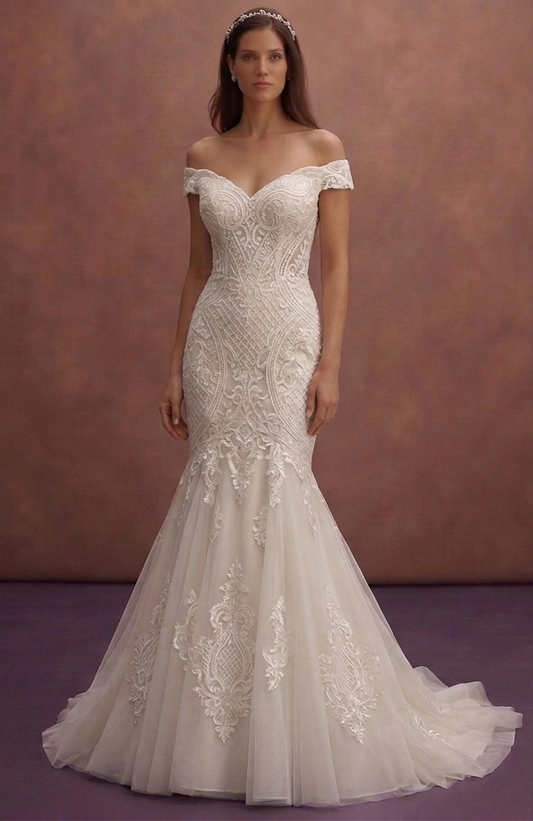 Ivory Mermaid Wedding Dress with Off Shoulder Neckline