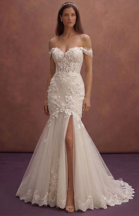 Ivory Mermaid Wedding Dress with Off Shoulder Romantic Neckline