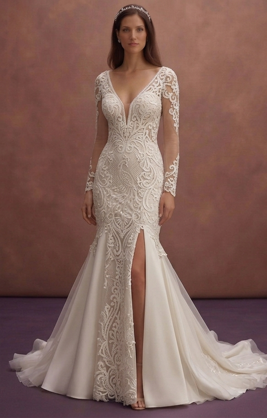 Ivory Mermaid Wedding Dress with Sheer Back Design
