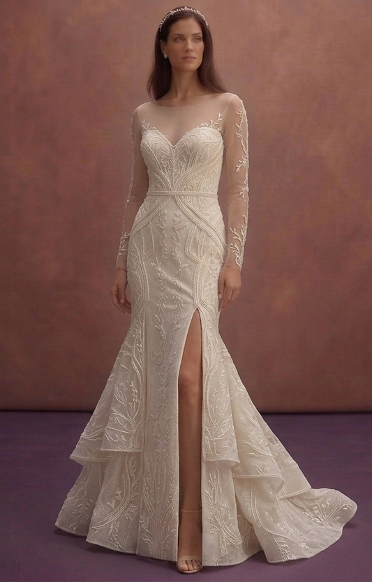 Ivory Mermaid Wedding Dress with Sheer Back Panel