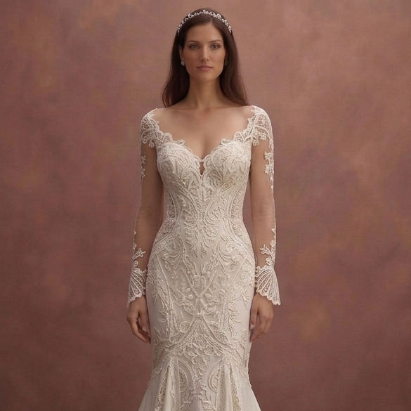 Ivory Mermaid Wedding Dress with Sheer Back Romantic Design