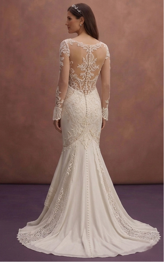 Ivory Mermaid Wedding Dress with Sheer Back Romantic Design