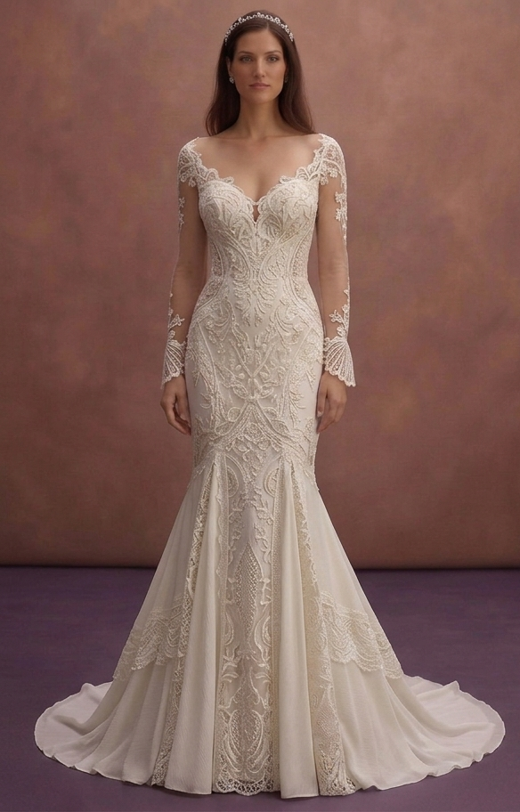 Ivory Mermaid Wedding Dress with Sheer Back Romantic Design