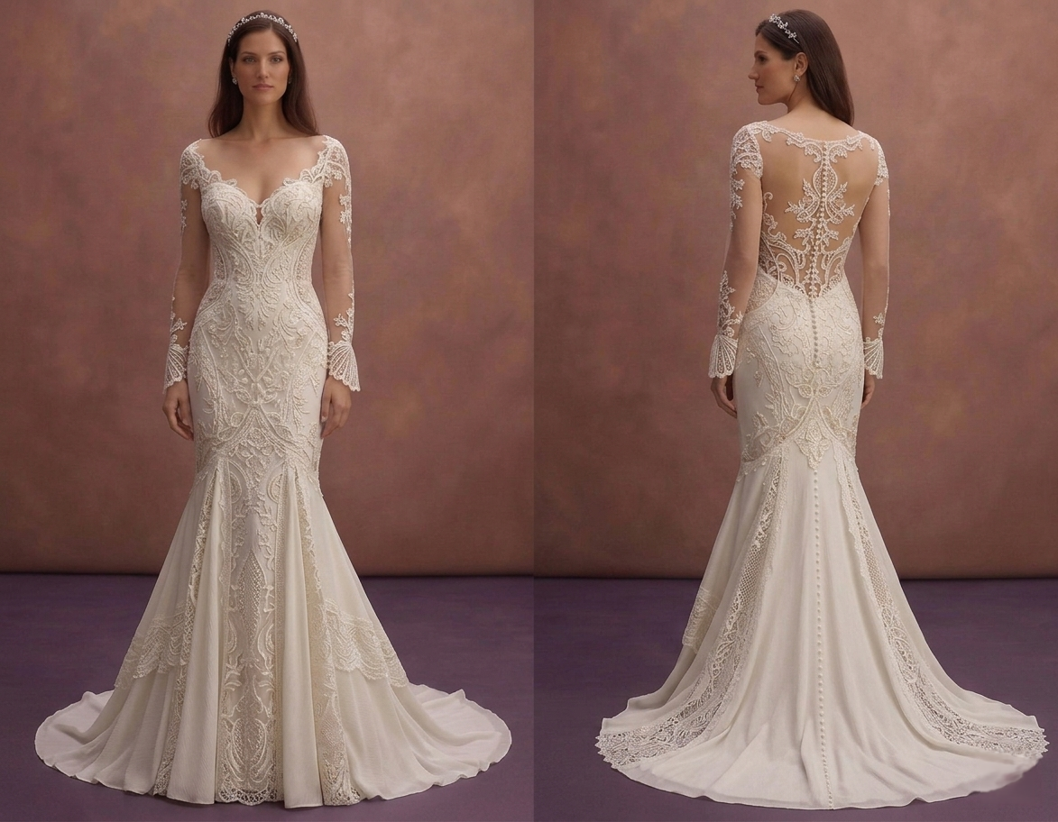 Ivory Mermaid Wedding Dress with Sheer Back Romantic Design
