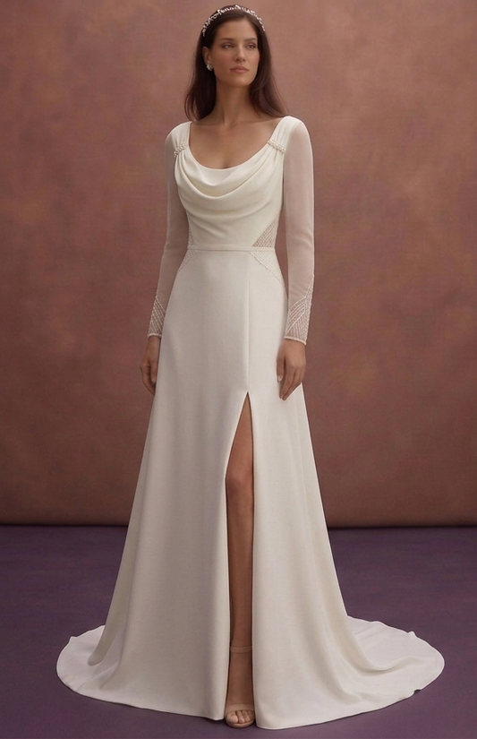 Ivory Minimal Wedding Dress with Draped Scoop Neck