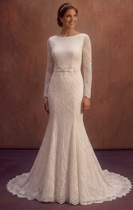 Ivory Modest Long Sleeve Wedding Dress with Lace