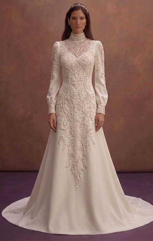 Ivory Modest Wedding Dress with High Neck and Train