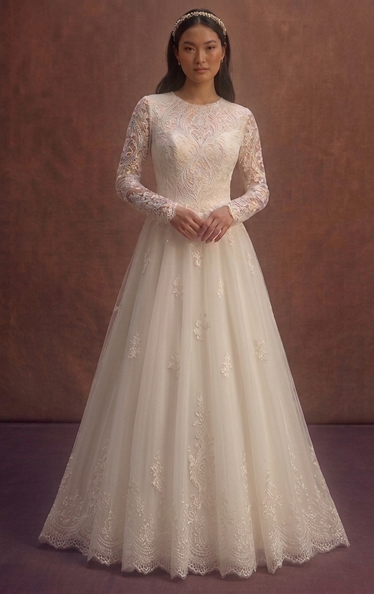 Ivory Modest Wedding Dress with Long Lace Sleeves