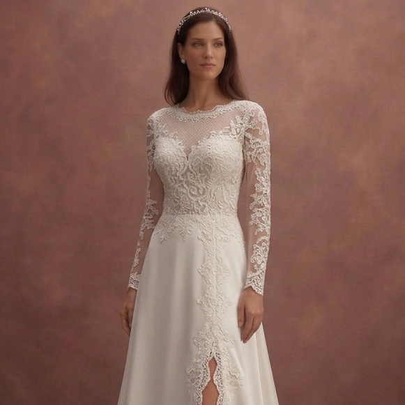 Ivory Modest Wedding Dress with Long Sleeves and Lace