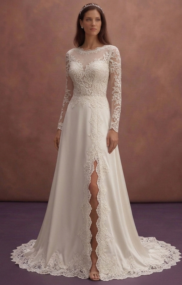 Ivory Modest Wedding Dress with Long Sleeves and Lace