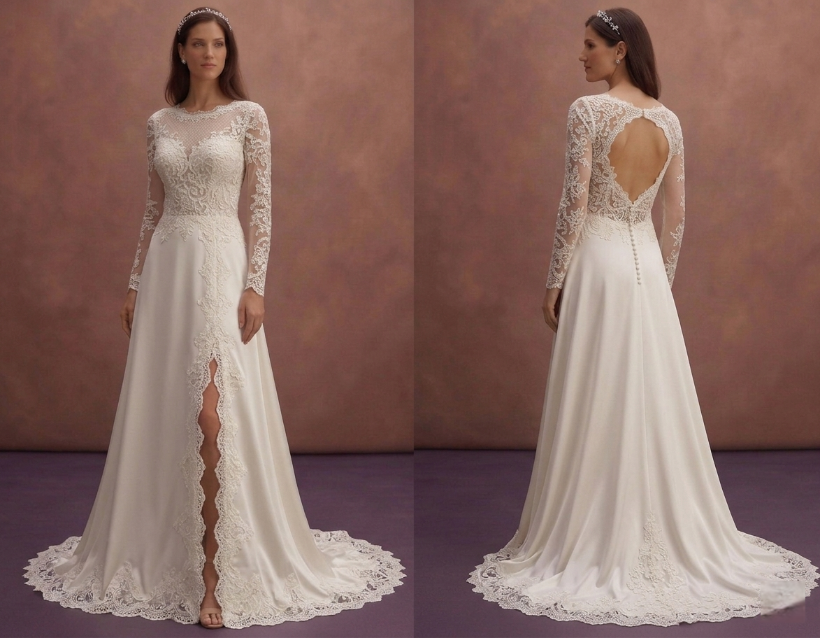 Ivory Modest Wedding Dress with Long Sleeves and Lace