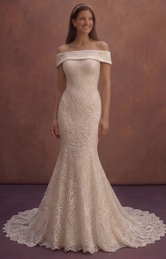 Ivory Off-Shoulder Mermaid Wedding Dress with Lace Details