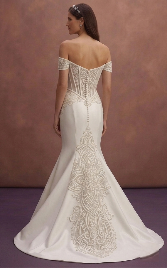 Ivory Off-Shoulder Mermaid Wedding Dress with Structured Corset