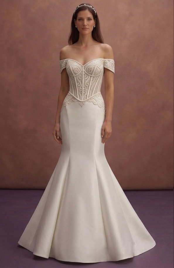 Ivory Off-Shoulder Mermaid Wedding Dress with Structured Corset