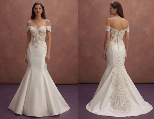 Ivory Off-Shoulder Mermaid Wedding Dress with Structured Corset