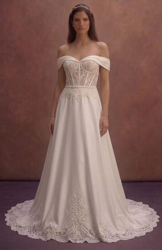 Ivory Off-Shoulder Wedding Dress with Lace Corset