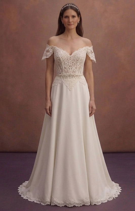 Ivory Off Shoulder Wedding Dress with Lace Corset Bodice