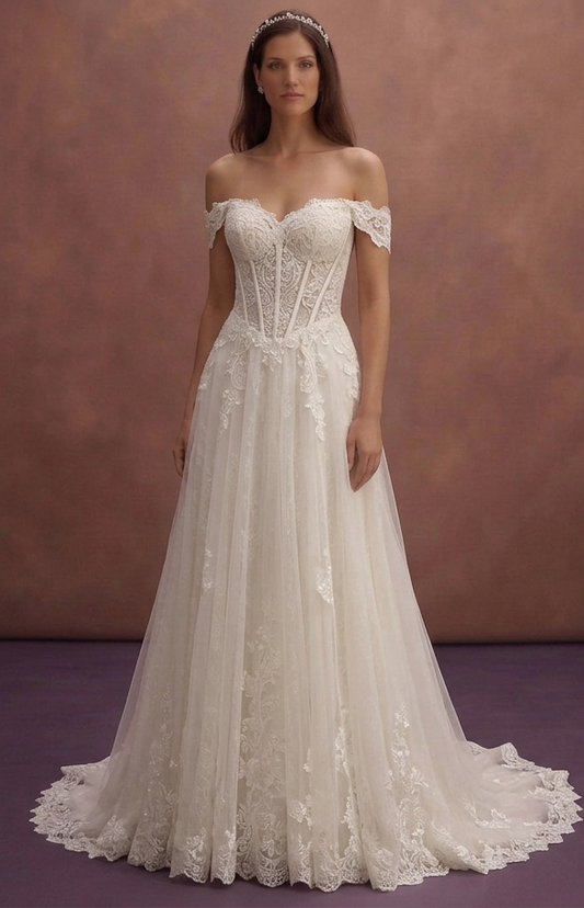 Ivory Off Shoulder Wedding Dress with Lace Corset Structure