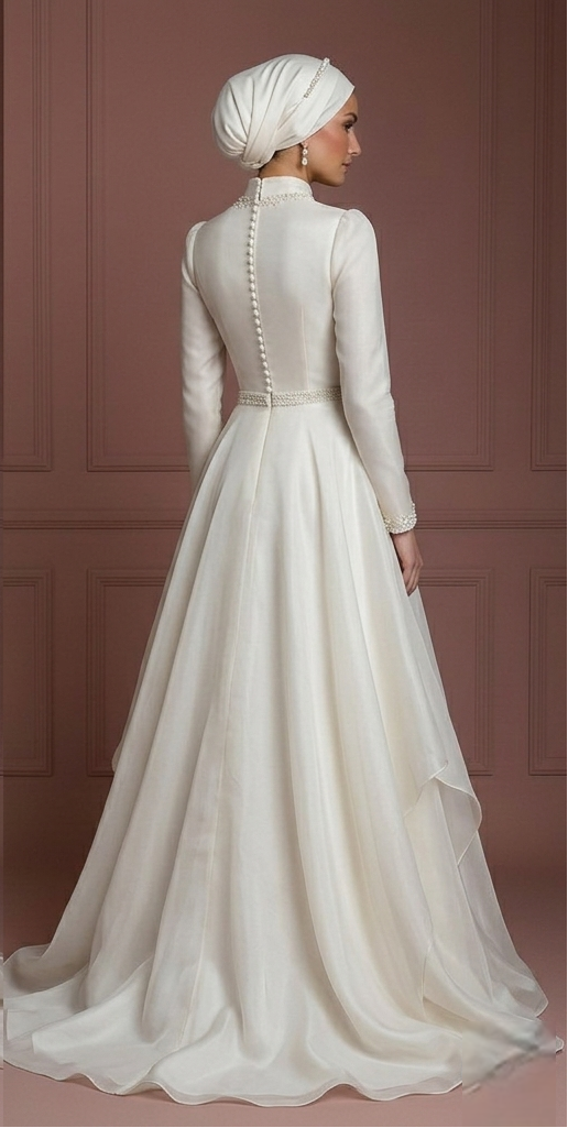 Ivory Organza A-Line Wedding Dress – Perfect Modest Bridal Hijab Look Muslim