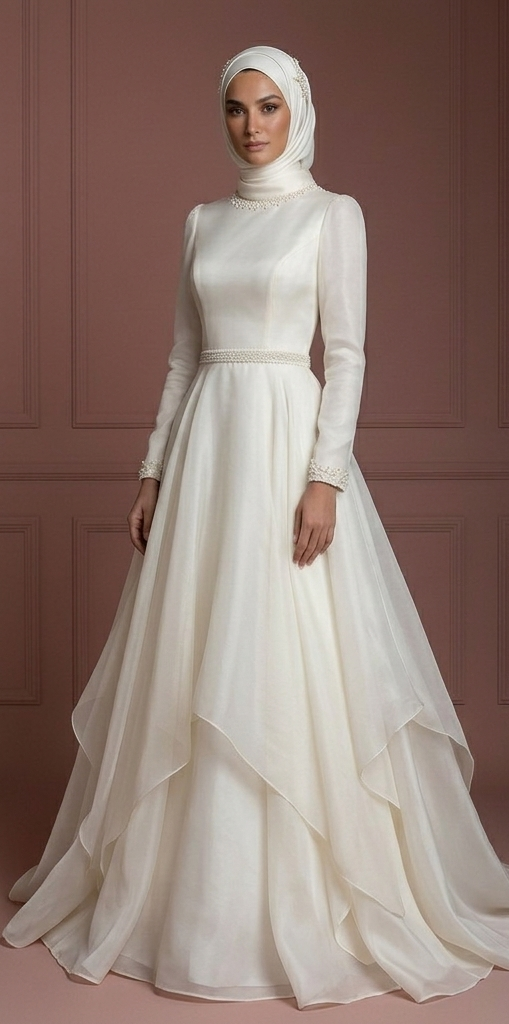 Ivory Organza A-Line Wedding Dress – Perfect Modest Bridal Hijab Look Muslim