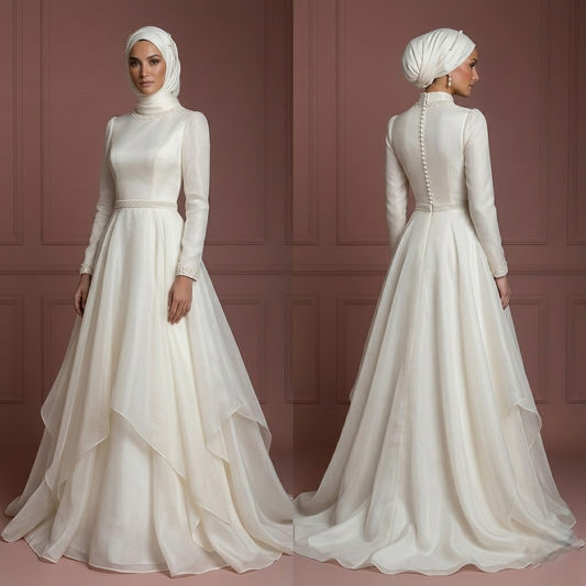 Ivory Organza A-Line Wedding Dress – Perfect Modest Bridal Hijab Look Muslim