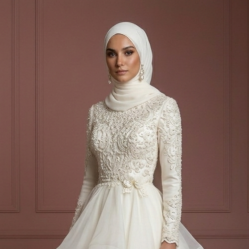 Ivory Organza Layered Wedding Dress with Hijab – Ideal for Nikah Ceremony Muslim