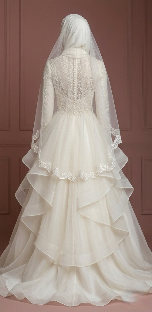 Ivory Organza Layered Wedding Dress with Hijab – Ideal for Nikah Ceremony Muslim
