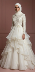 Ivory Organza Layered Wedding Dress with Hijab – Ideal for Nikah Ceremony Muslim