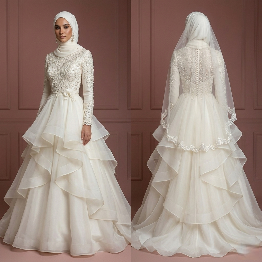 Ivory Organza Layered Wedding Dress with Hijab – Ideal for Nikah Ceremony Muslim