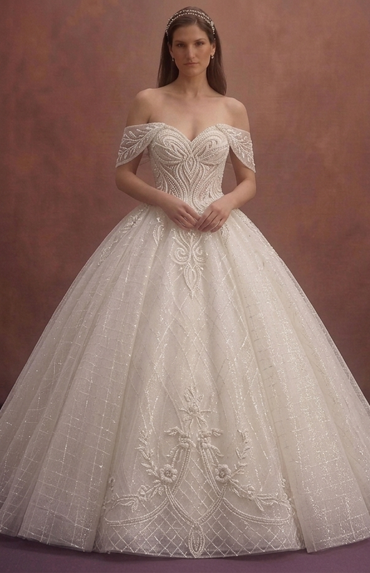 Ivory Princess Ball Gown Wedding Dress with Glitter Tulle