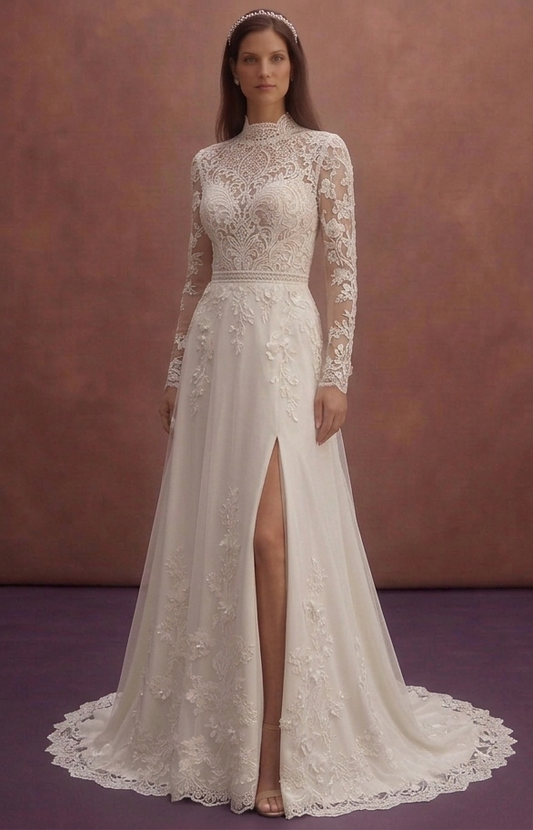 Ivory Romantic Wedding Dress with Floral Lace Sleeves