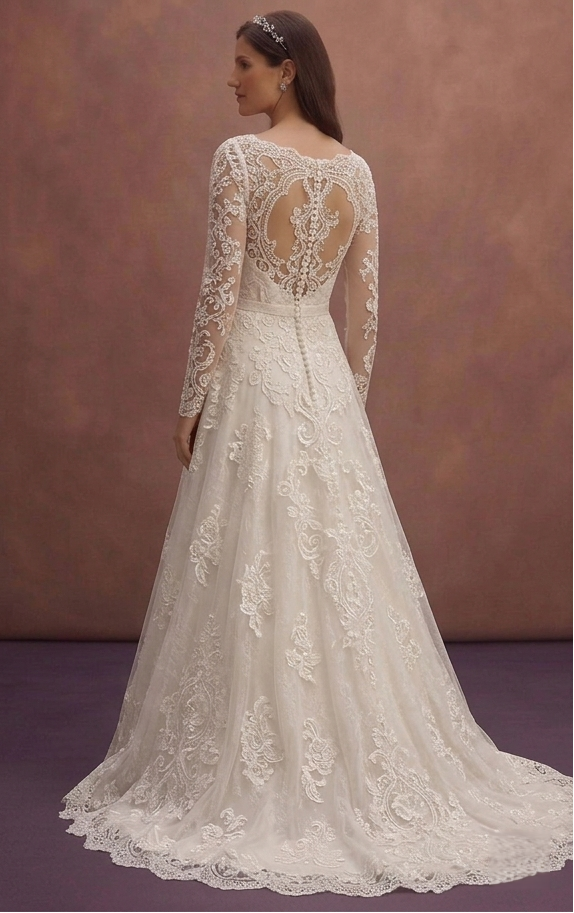 Ivory Romantic Wedding Dress with Lace Long Sleeves