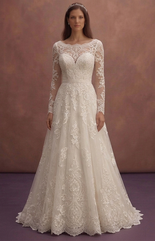 Ivory Romantic Wedding Dress with Lace Long Sleeves