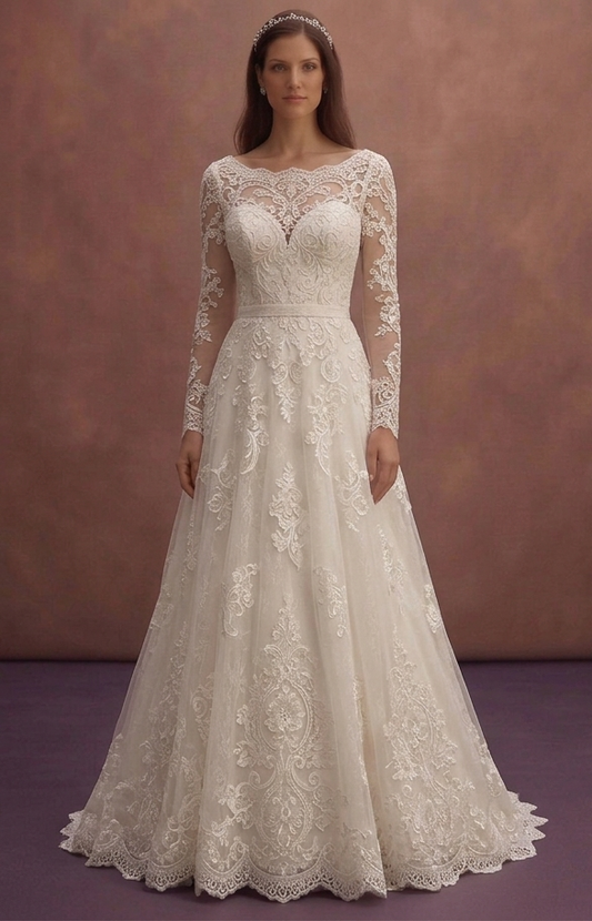 Ivory Romantic Wedding Dress with Lace Long Sleeves