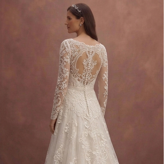 Ivory Romantic Wedding Dress with Lace Long Sleeves