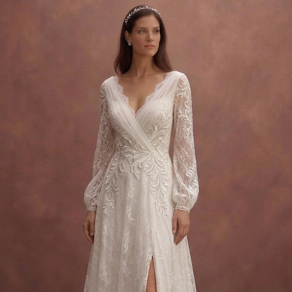 Ivory Romantic Wedding Dress with Long Lace Sleeves