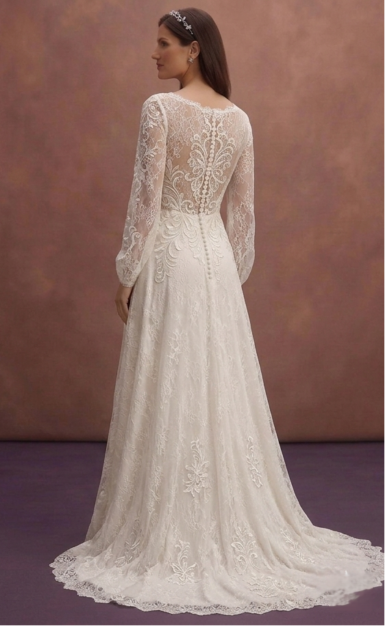 Ivory Romantic Wedding Dress with Long Lace Sleeves