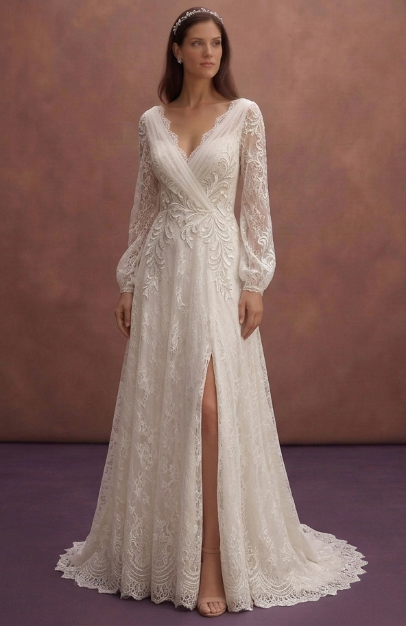 Ivory Romantic Wedding Dress with Long Lace Sleeves