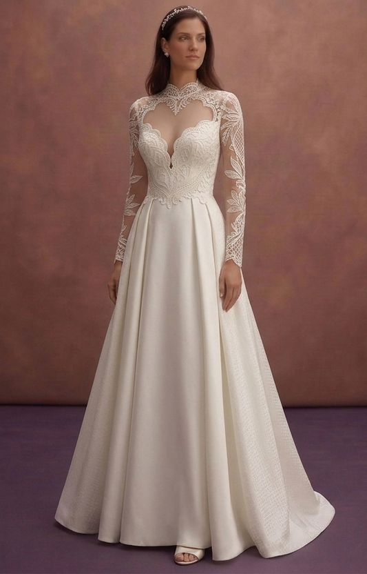 Ivory Satin A-Line Wedding Dress with Romantic Neckline