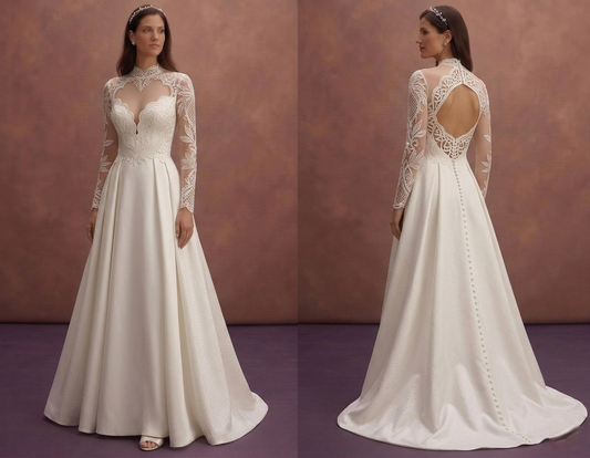 Ivory Satin A-Line Wedding Dress with Romantic Neckline