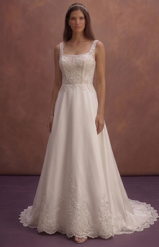 Ivory Satin A-Line Wedding Dress with Square Neckline