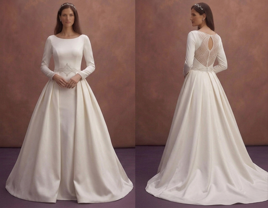 Ivory Satin Bridal Gown with Detachable Overskirt